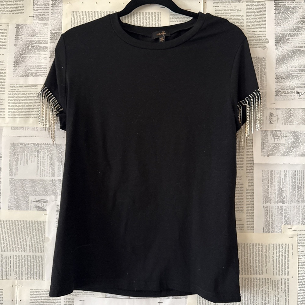 On 12th Black Rhinestone Metal Tassel Black Top Size Large Short Sleeve Stretch